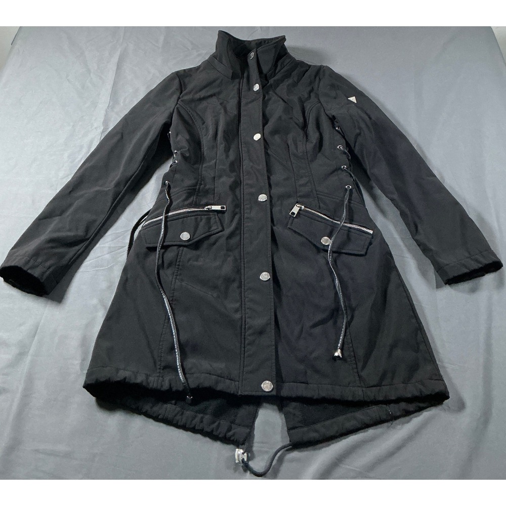 Guess Womens Black Softshell Parka Jacket Lace Up Sides Fleece Lined Small